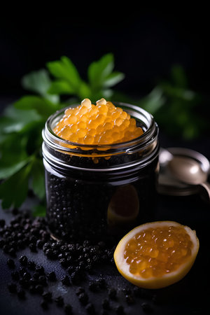 Black caviar in a glass jar on a black background. Selective focus.の素材
