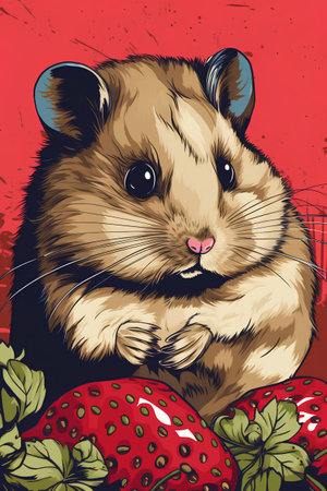 Hamster on a red background with strawberries. Vector illustration for your designの素材