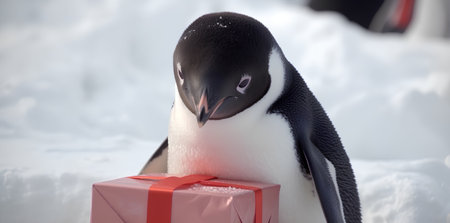 Gentoo penguin with gift and red box on the snowの素材