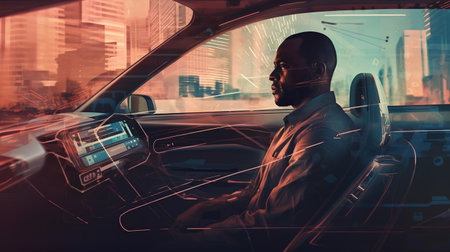 Black man driving a car in a city. 3D rendering double exposureの素材