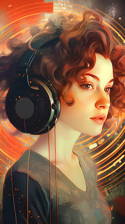 Portrait of a beautiful young woman listening to music with headphones.の素材