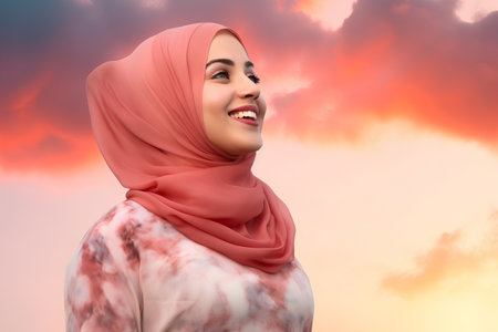 Portrait of beautiful young muslim woman in red hijab on sunset backgroundの素材