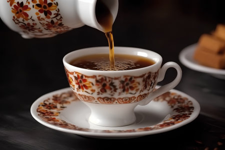 Coffee pouring from teapot into cup on dark backgroundの素材