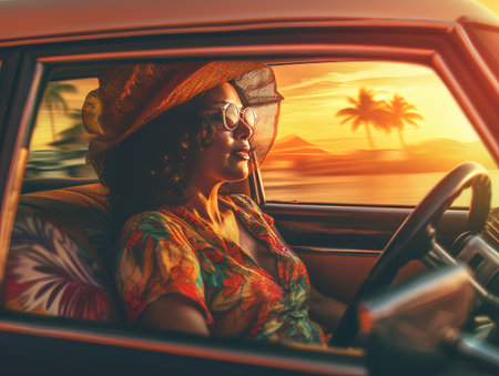 Beautiful african american woman in hat and sunglasses driving a car at sunsetの素材
