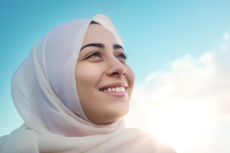 Portrait of beautiful young muslim woman with white hijab on blue sky backgroundの素材