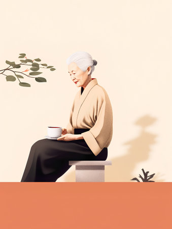 Elderly woman sitting on a bench with a cup of teaの素材