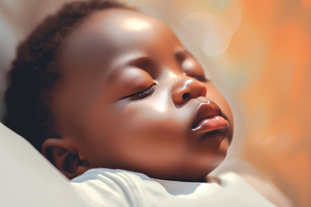 portrait of a cute little african american baby boy lying on bedの素材