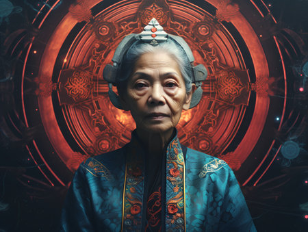 Portrait of an old asian woman in a traditional costume.の素材