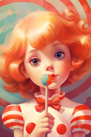 Cute little girl with red hair and big lollipop.の素材