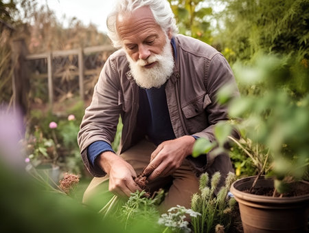 Portrait of senior man gardening in his garden. Senior man gardening.の素材