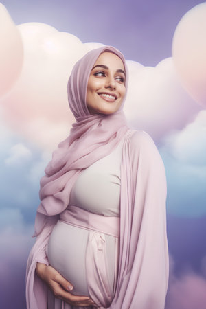 Muslim pregnant woman in pink hijab on the background of the cloudy skyの素材
