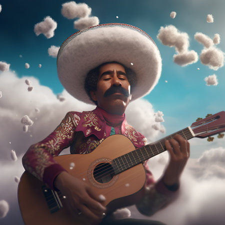 Mexican man with sombrero playing guitar on blue sky backgroundの素材