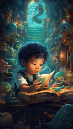 3D illustration of a boy reading a book in a fantasy roomの素材