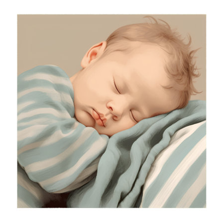 Sleeping newborn baby boy in blue striped pajamas.の素材