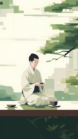 Japanese tea ceremony in the mountains. Vector illustration in a flat style.の素材
