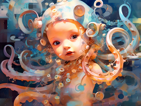 Digital painting of a baby in the water. Digital painting for children's creativity.の素材