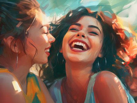 Beautiful happy young women laughing and talking together. Digital painting.の素材