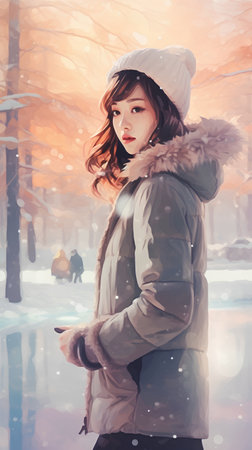 Beautiful young woman in a snowy forest. Winter fashion illustration.の素材
