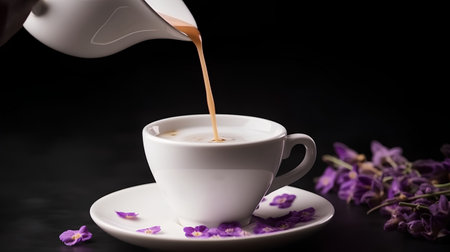 Coffee pouring into a cup with lavender flowers on black backgroundの素材