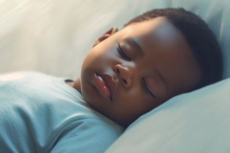 Young african american woman sleeping on bed at home, closeupの素材