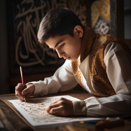 Young Muslim Boy Making Ramadan Kareem Greeting Card at Mosqueの素材