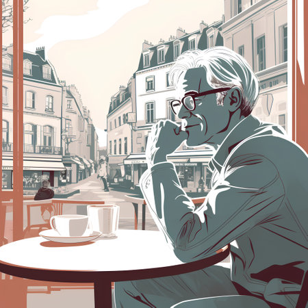 Man drinking coffee in Paris, France. Vector illustration in sketch styleの素材