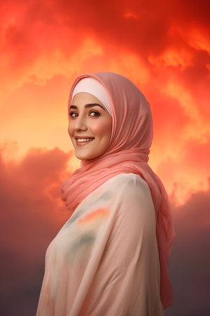 portrait of beautiful young muslim woman with hijab on sunset backgroundの素材