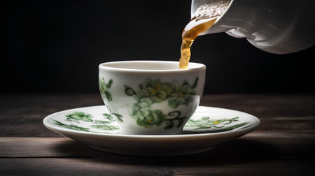 Pouring tea into a cup on wooden table, selective focus.の素材