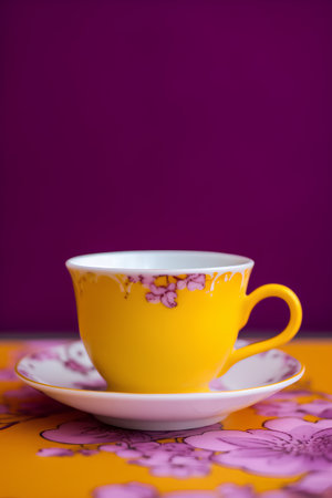 Yellow cup with saucer on a colored background. Copy space.の素材