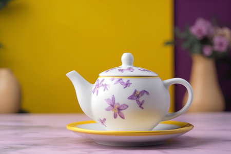 tea pot on the table in a cafe with a yellow backgroundの素材