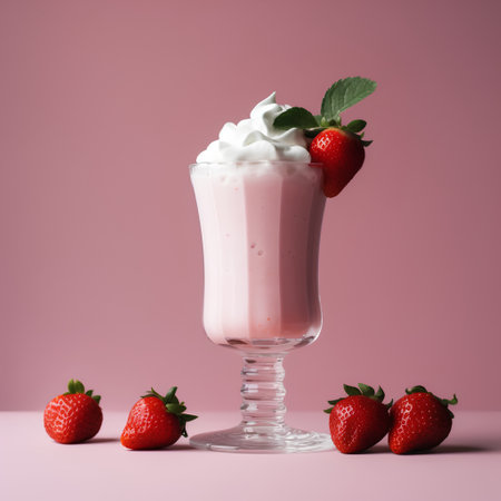 Strawberry milkshake with whipped cream and fresh strawberries on pink backgroundの素材