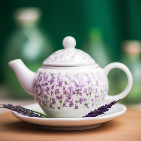 Tea set with lavender on a wooden table. Selective focus.の素材