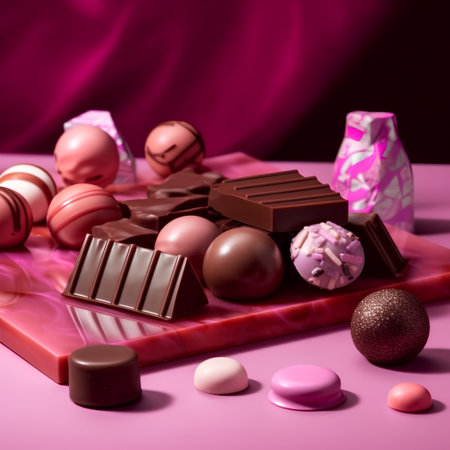 Chocolates and candies on a pink background, still lifeの素材