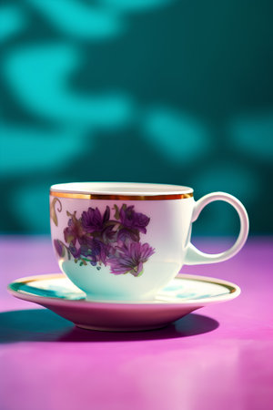 tea cup with floral pattern on a pink and blue background.の素材