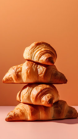 Tasty fresh croissants on orange background. Copy space.の素材