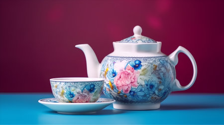teapot and tea cup on a blue-purple backgroundの素材