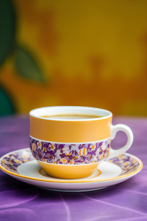 Cup of tea on a purple tablecloth. Selective focus.の素材