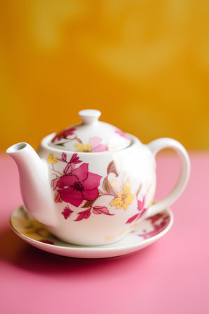teapot with flowers on a pink background, close-upの素材