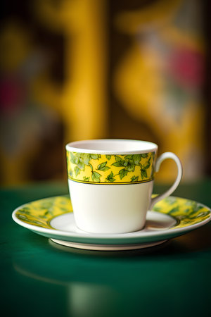 Cup of coffee on a green tablecloth in a cafe.の素材
