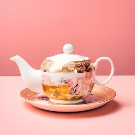 teapot and tea cup on a pink background with copy spaceの素材