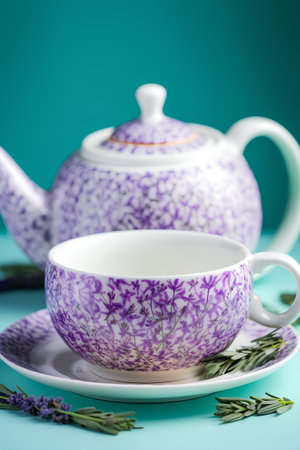 Tea set with lavender and rosemary on a turquoise backgroundの素材