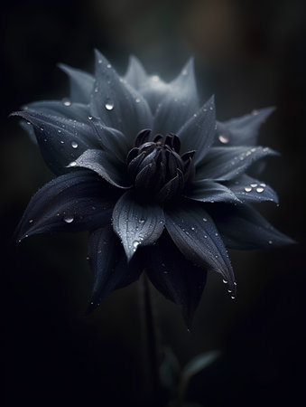 Black dahlia flower with dew drops on dark background.の素材