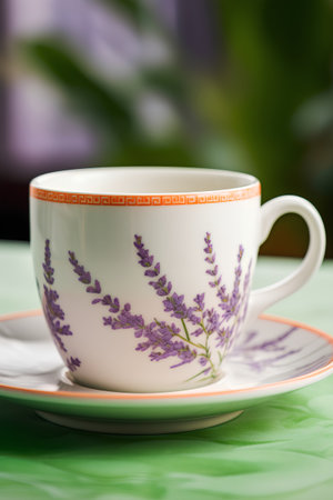 Tea cup with lavender flowers on green tablecloth. Selective focusの素材