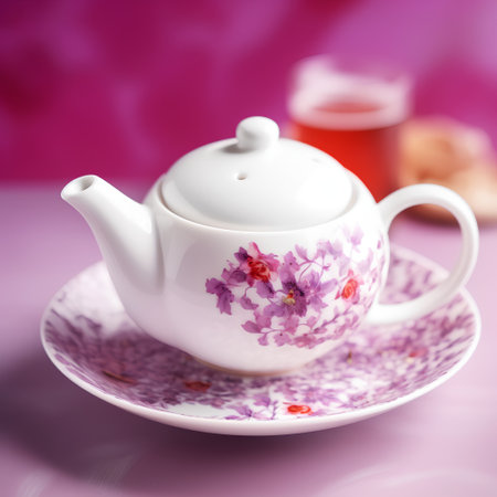 teapot and cup of tea on a pink background with flowersの素材