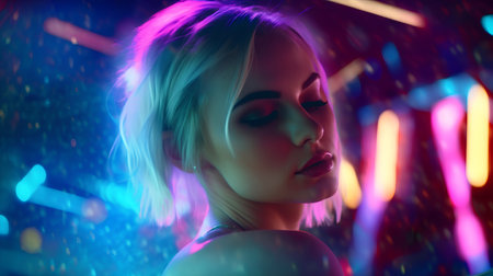 Portrait of beautiful young woman in neon light. Disco club.の素材