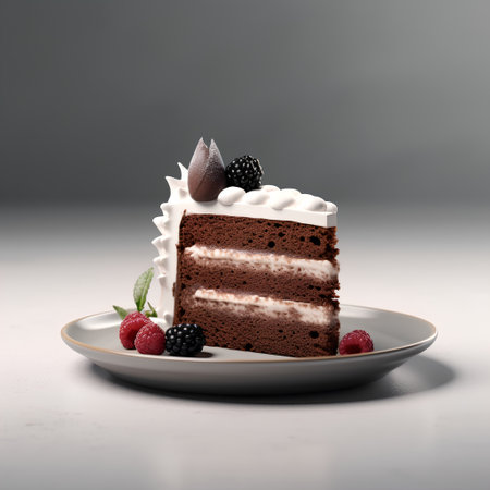 Piece of chocolate cake with cream and berries on a gray backgroundの素材