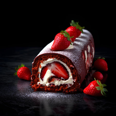 Chocolate roll cake with cream and fresh strawberries on a black backgroundの素材