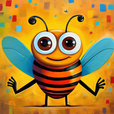 Cartoon funny bee on colorful background. Illustration for children.の素材