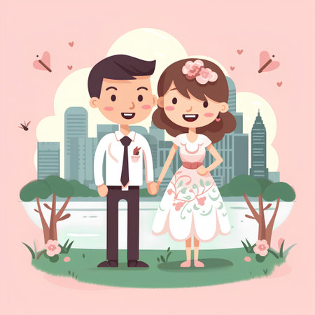 Wedding couple on the background of the city. Vector illustrationの素材