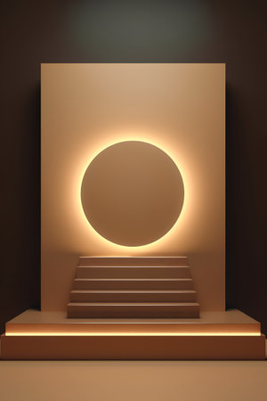 3d render of golden podium with round frame, illuminated by spotlightsの素材